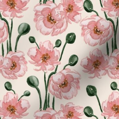 Medium -  Grace Watercolour Pink Poppies  - Cream 