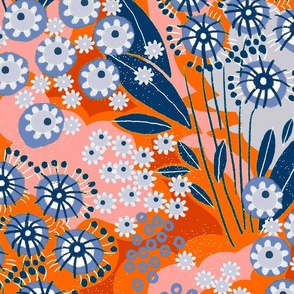 Alpine meadow, Gray with blue on an orange background