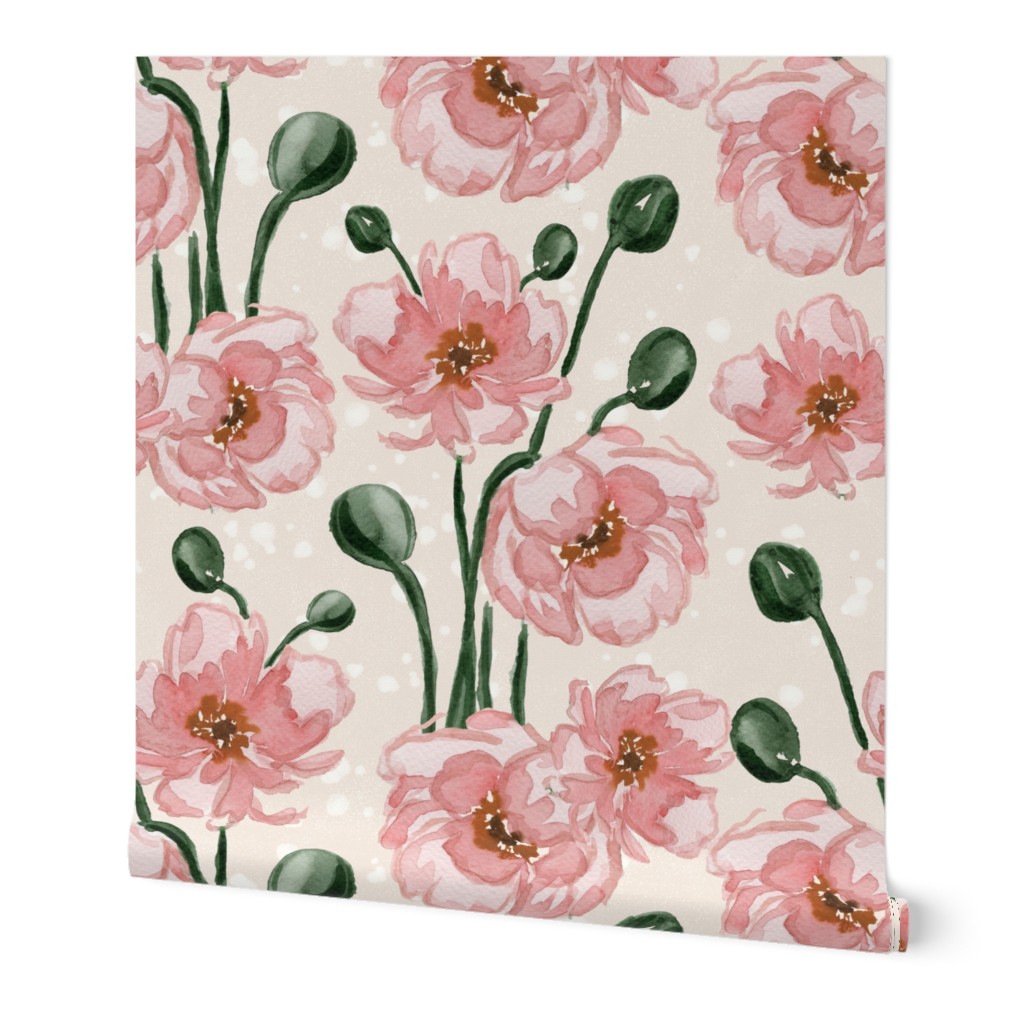 Small -  Grace Watercolour Pink Poppies - Cream 