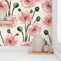 Small -  Grace Watercolour Pink Poppies - Cream 