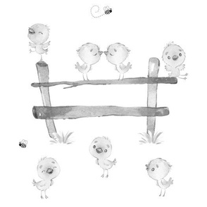 Watercolor Happy Chicks Grayscale