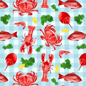 Red Sea Food with Parsley and Lemons on Blue Gingham