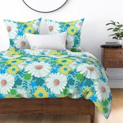 Splatter Daisies - Yellow+Blue on Mint (large)