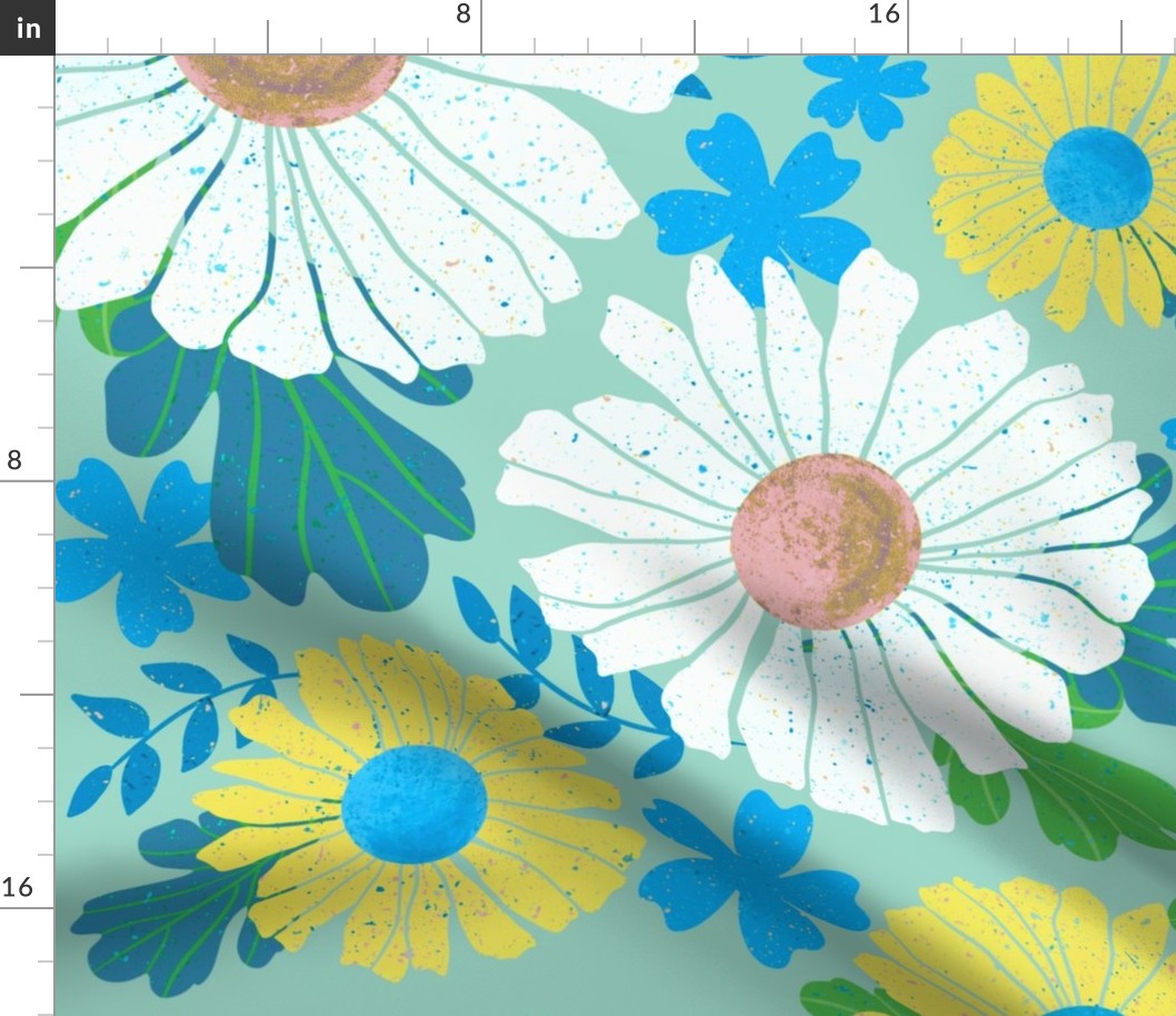 Splatter Daisies - Yellow+Blue on Mint (large)