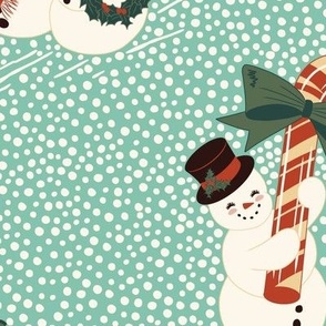 Large Vintage Christmas Snowmen Families on a Snowy Day Out with Aquamarine Green Background