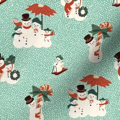 Small Vintage Christmas Snowmen Families on a Snowy Day Out with Aquamarine Green Background