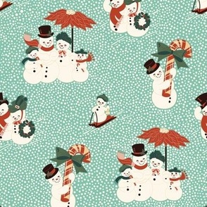 Small Vintage Christmas Snowmen Families on a Snowy Day Out with Aquamarine Green Background