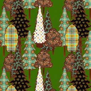 Patchwork trees in the forest on emerald green holiday linen 12” repeat