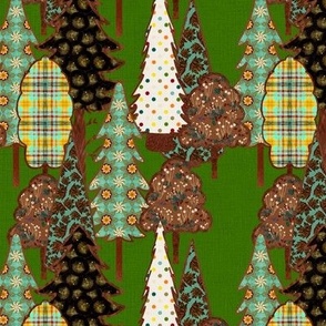 Patchwork trees in the forest on emerald green holiday linen 6” repeat
