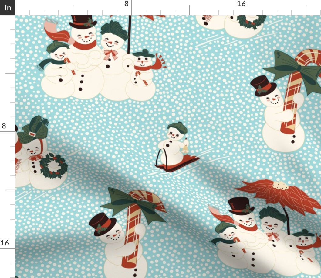 Large Vintage Christmas Snowmen Families on a Snowy Day Out with Aqua Island Blue Background