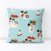 Medium Vintage Christmas Snowmen Families on a Snowy Day Out with Aqua Island Blue Background