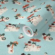 Medium Vintage Christmas Snowmen Families on a Snowy Day Out with Aqua Island Blue Background