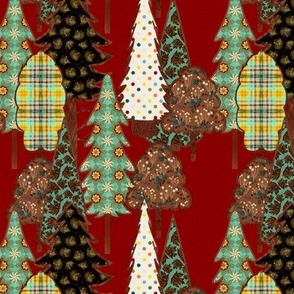 Patchwork applique trees in the forest on Christmas holiday red linen medium 12” repeat