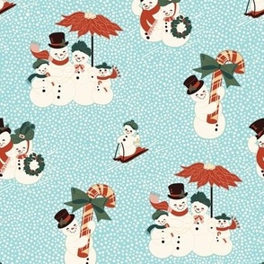 Small Vintage Christmas Snowmen Families on a Snowy Day Out with Aqua Island Blue Background