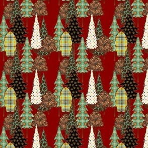 Cabin core Patchwork trees in the forest on Christmas red linen small 6” repeat