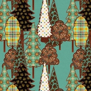 Patchwork appliqué cut out trees in the forest on teal linen effect 12” repeat