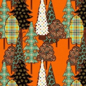 Patchwork applique trees in the forest on orange linen effect medium 12” repeat