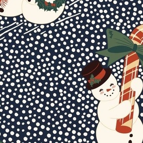 Large Vintage Christmas Snowmen Families on a Snowy Day Out with Midnight Blue Background