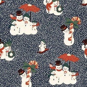 Small Vintage Christmas Snowmen Families on a Snowy Day Out with Midnight Blue Background