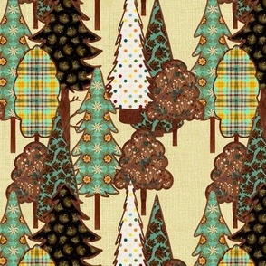 Patchwork trees in the forest on buff cream linen medium