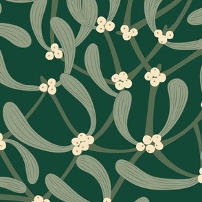 Medium Christmas Scattered Ditzy Mistletoe with Forest Green Background