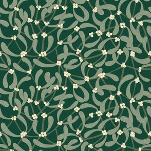 Small Christmas Scattered Ditzy Mistletoe with Forest Green Background