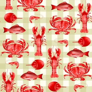 Red Crustaceans on Bay Leaf Green Gingham