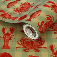 Red Crustaceans on Coastal Blue Gingham