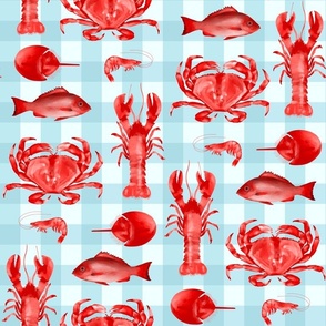 Red Crustaceans on Coastal Blue Gingham