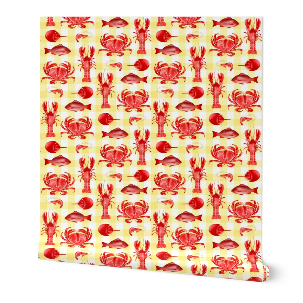 Red Crustaceans on Butter Yellow Gingham