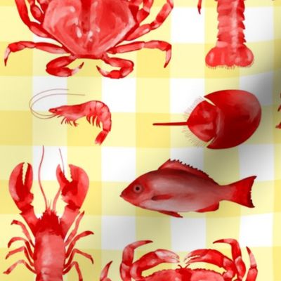 Red Crustaceans on Butter Yellow Gingham