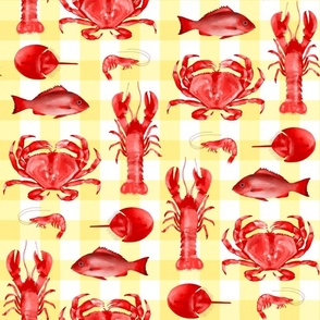 Red Crustaceans on Butter Yellow Gingham