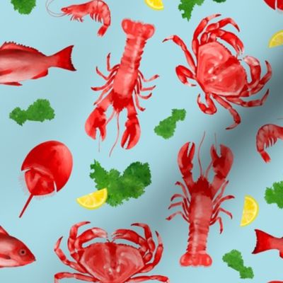 Red Crustaceans with Parsley and Lemon on Coastal Blue