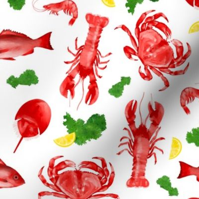 Red Crustaceans with Parsley and Lemon on White