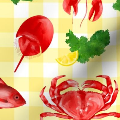 Red Crustaceans with Parsley and Lemons on Butter Gingham