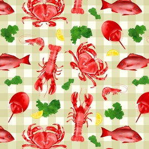 Red Crustaceans with Parsley and Lemon on Bay Leaf Gingham