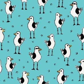 Quirky Seagulls Characters - Coastal Birds on Blue 