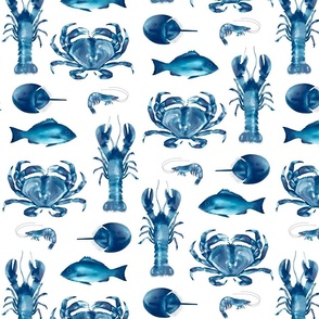 Indigo Blue Crustaceans on White
