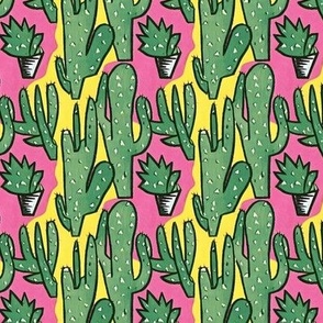 Wacky Green Cactus on Yellow and Pink