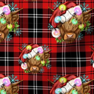 Highland Santa Cow lights Couontry CHristmas Tartan Plaid