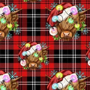 Highland Santa Cow lights Couontry CHristmas Tartan Plaid