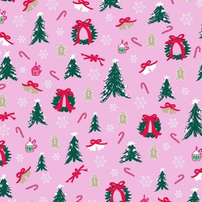 Christmas Icons Illustration - pink, green and red