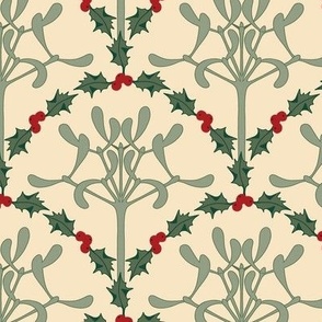 Large Christmas Mistletoes with Holly Scallops with Sparkling Champagne Yellow Background