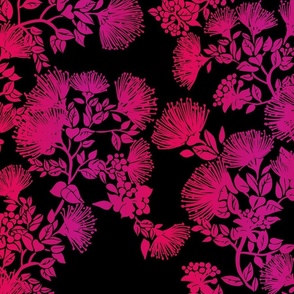 Medium- Ohia Lehua Silhouette - Fuchsia and Rose red on black