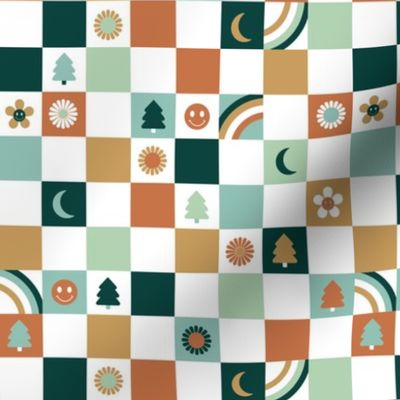 Retro Christmas seasonal checkerboard - groovy gingham check design with smileys trees rainbows flower and moon green teal sienna boys palette on white