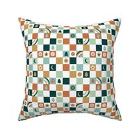 Retro Christmas seasonal checkerboard - groovy gingham check design with smileys trees rainbows flower and moon green teal sienna boys palette on white