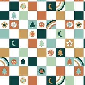 Retro Christmas seasonal checkerboard - groovy gingham check design with smileys trees rainbows flower and moon green teal sienna boys palette on white