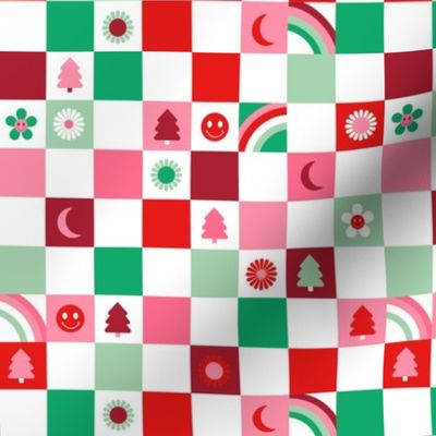 Retro Christmas seasonal checkerboard - groovy gingham check design with smileys trees rainbows flower and moon red pink green mint bright palette