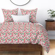 Retro Christmas seasonal checkerboard - groovy gingham check design with smileys trees rainbows flower and moon red pink green mint bright palette