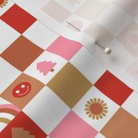 Retro Christmas seasonal checkerboard - groovy gingham check design with smileys trees rainbows flower and moon seventies vintage palette red pink caramel rust